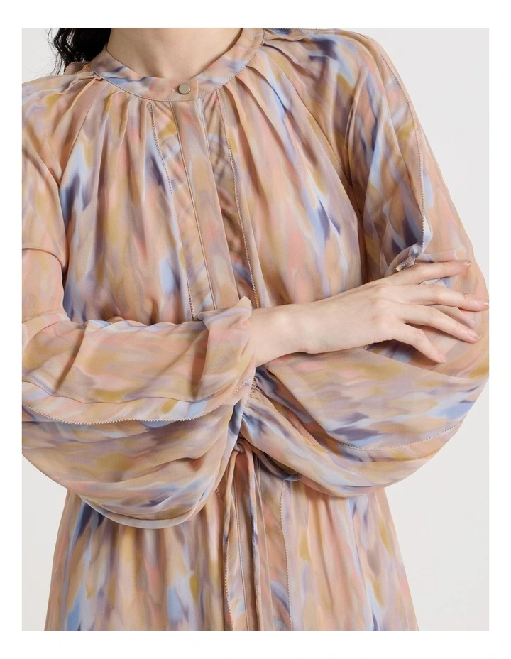 Long Sleeve Midi Georgette Dress with Belt in Abstract Print image 7