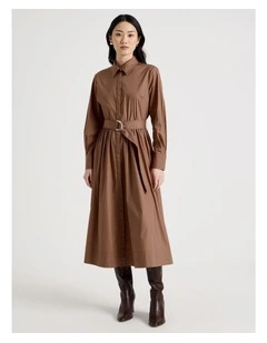 Long Sleeve Cotton Shirt Midi Dress in Tan