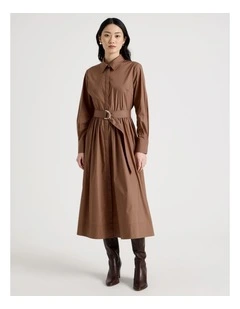 Long Sleeve Cotton Shirt Midi Dress in Tan
