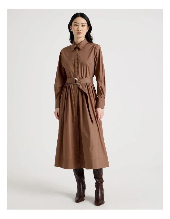 Long Sleeve Cotton Shirt Midi Dress in Tan image 1