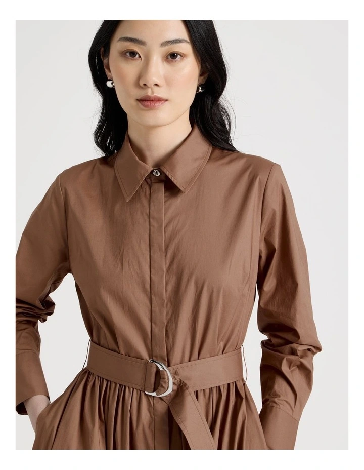 Long Sleeve Cotton Shirt Midi Dress in Tan image 2