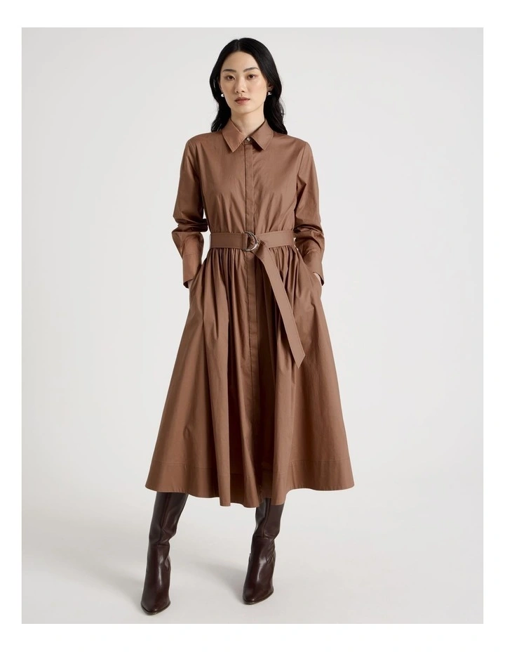 Long Sleeve Cotton Shirt Midi Dress in Tan image 3