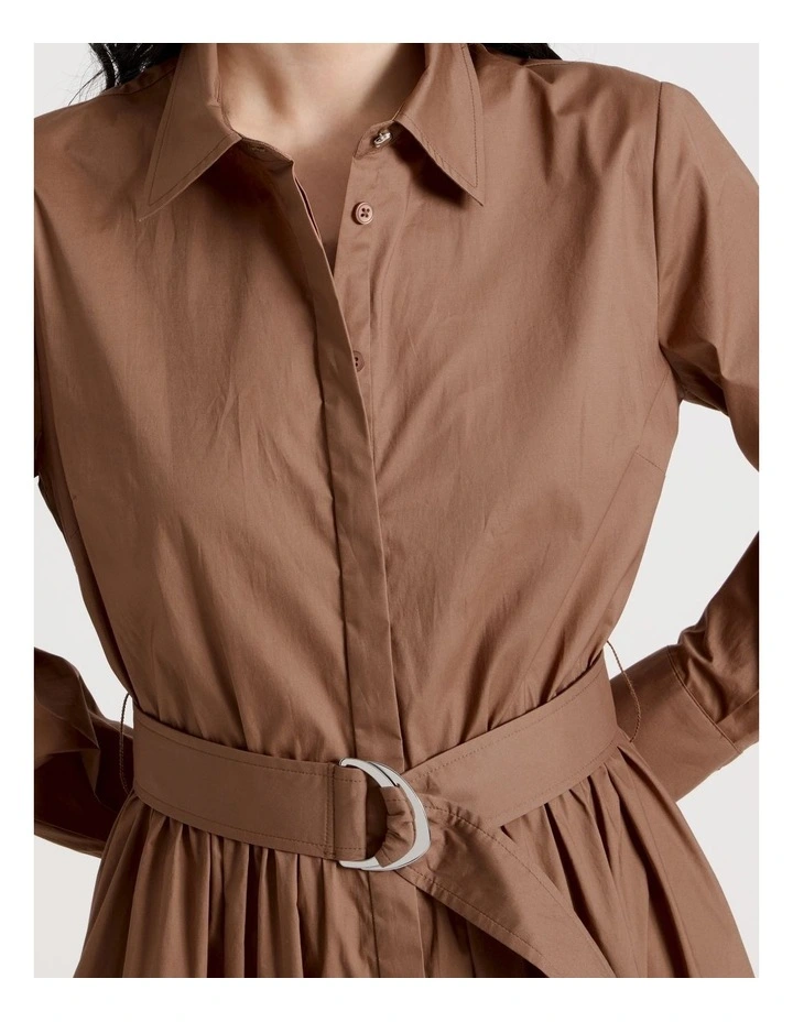 Long Sleeve Cotton Shirt Midi Dress in Tan image 4