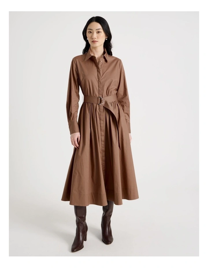 Long Sleeve Cotton Shirt Midi Dress in Tan image 5