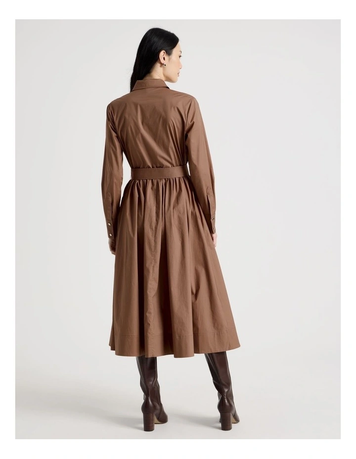 Long Sleeve Cotton Shirt Midi Dress in Tan image 6