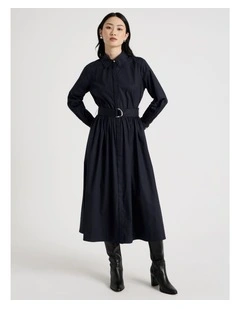 Long Sleeve Cotton Shirt Midi Dress in Navy