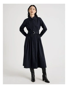 Long Sleeve Cotton Shirt Midi Dress in Navy