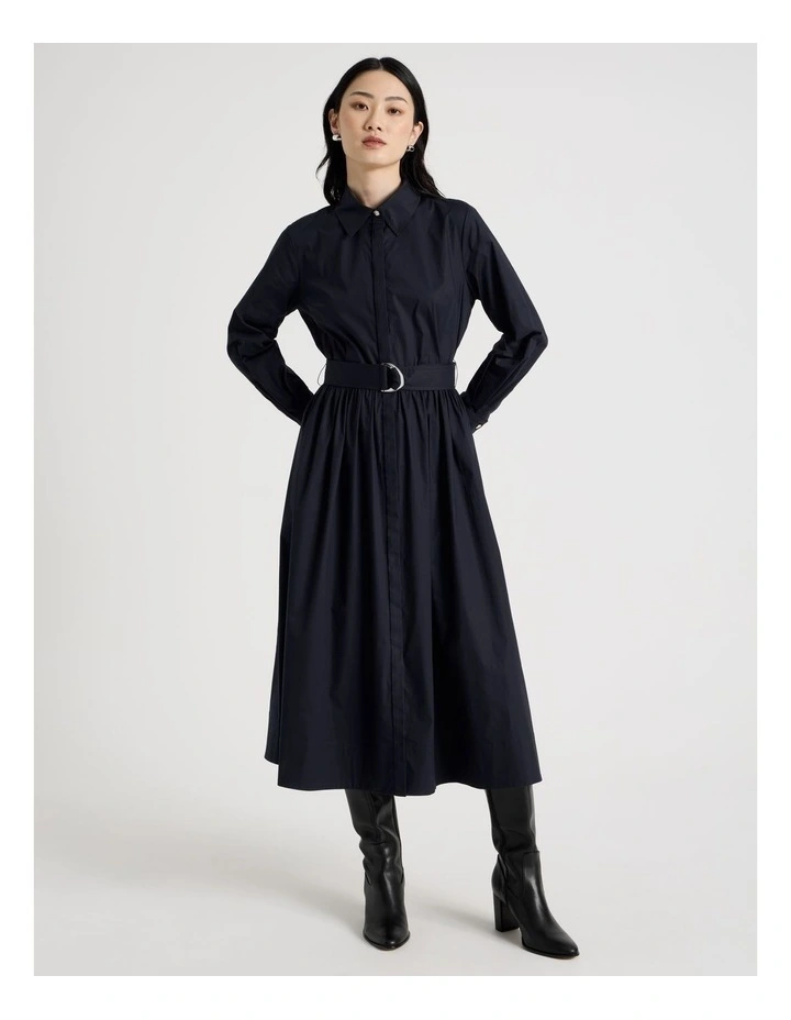 Long Sleeve Cotton Shirt Midi Dress in Navy image 1