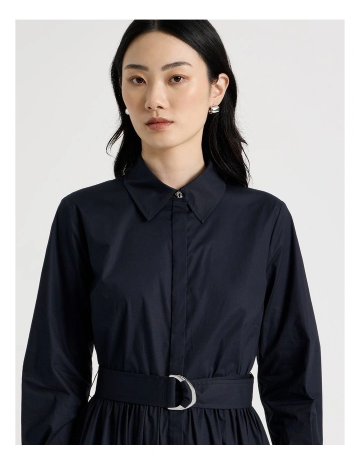 Long Sleeve Cotton Shirt Midi Dress in Navy image 2