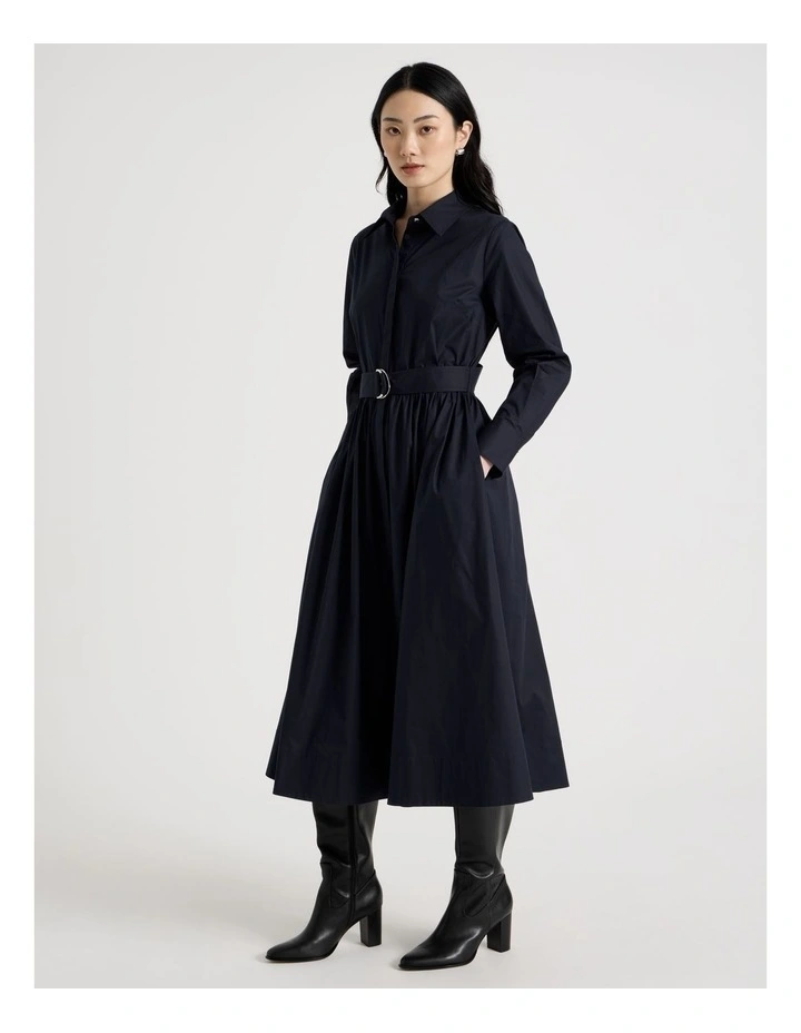 Long Sleeve Cotton Shirt Midi Dress in Navy image 3