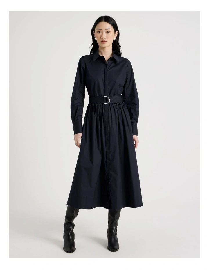 Long Sleeve Cotton Shirt Midi Dress in Navy image 5