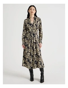 Long Sleeve Midi Printed Fluid Crepe Dress in Paisley Print