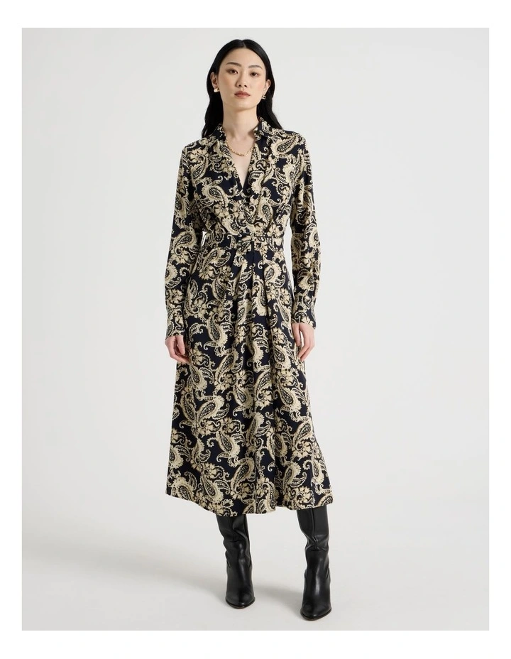 Long Sleeve Midi Printed Fluid Crepe Dress in Paisley Print image 1