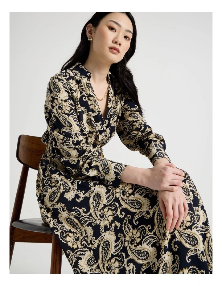 Long Sleeve Midi Printed Fluid Crepe Dress in Paisley Print image 2