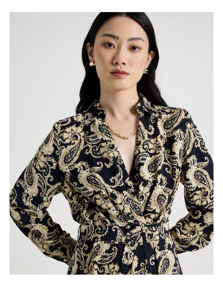 Long Sleeve Midi Printed Fluid Crepe Dress in Paisley Print image 3