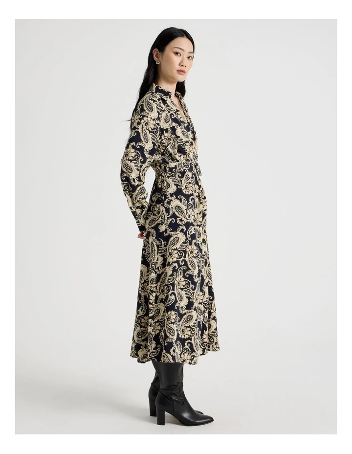 Long Sleeve Midi Printed Fluid Crepe Dress in Paisley Print image 4