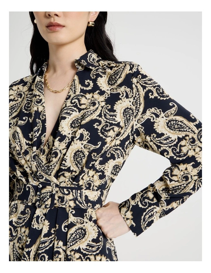 Long Sleeve Midi Printed Fluid Crepe Dress in Paisley Print image 5