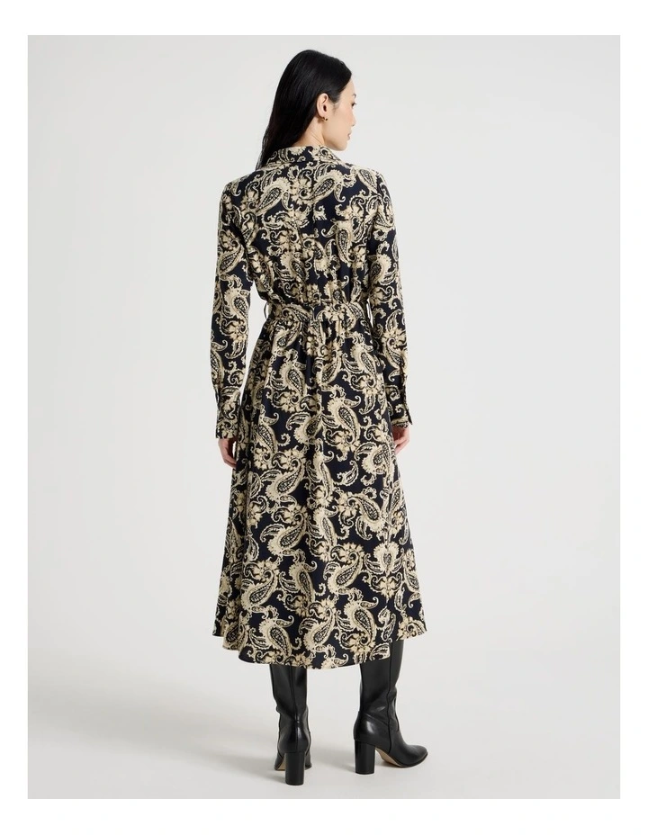 Long Sleeve Midi Printed Fluid Crepe Dress in Paisley Print image 6