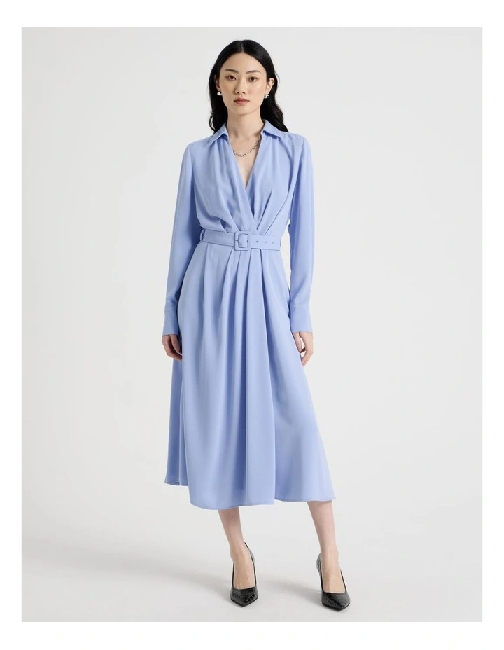 Long Sleeve Midi Fluid Crepe Dress in Dusty Blue image 1