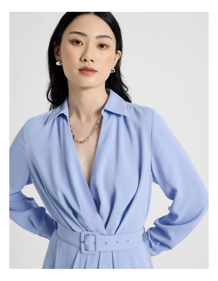 Long Sleeve Midi Fluid Crepe Dress in Dusty Blue image 2