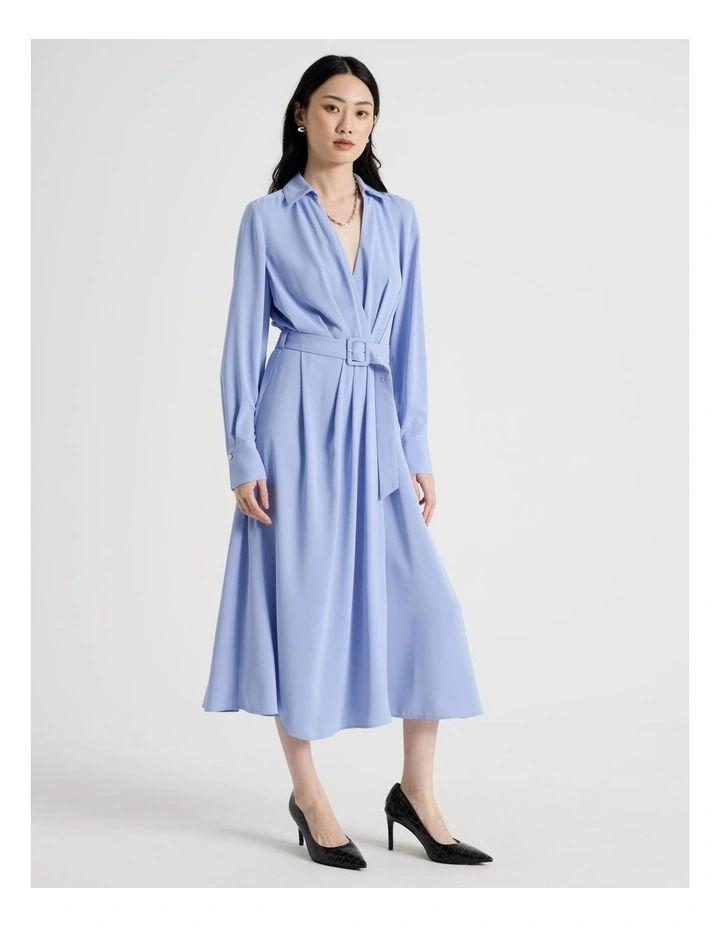 Long Sleeve Midi Fluid Crepe Dress in Dusty Blue image 3