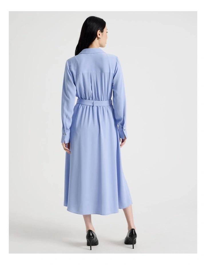 Long Sleeve Midi Fluid Crepe Dress in Dusty Blue image 5