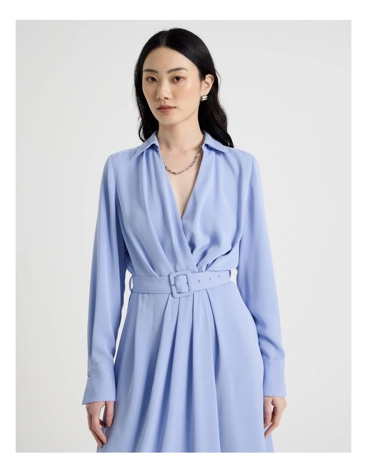 Long Sleeve Midi Fluid Crepe Dress in Dusty Blue image 6