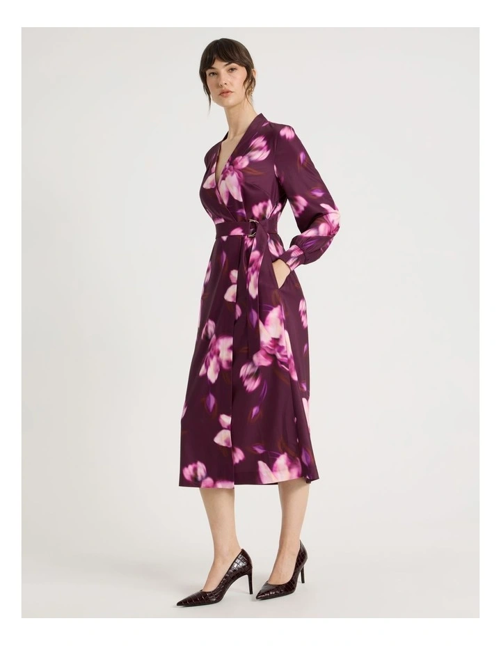 Long Sleeve Wrap Dry Poly Twill Dress in Pink Blurred Floral Print image 2
