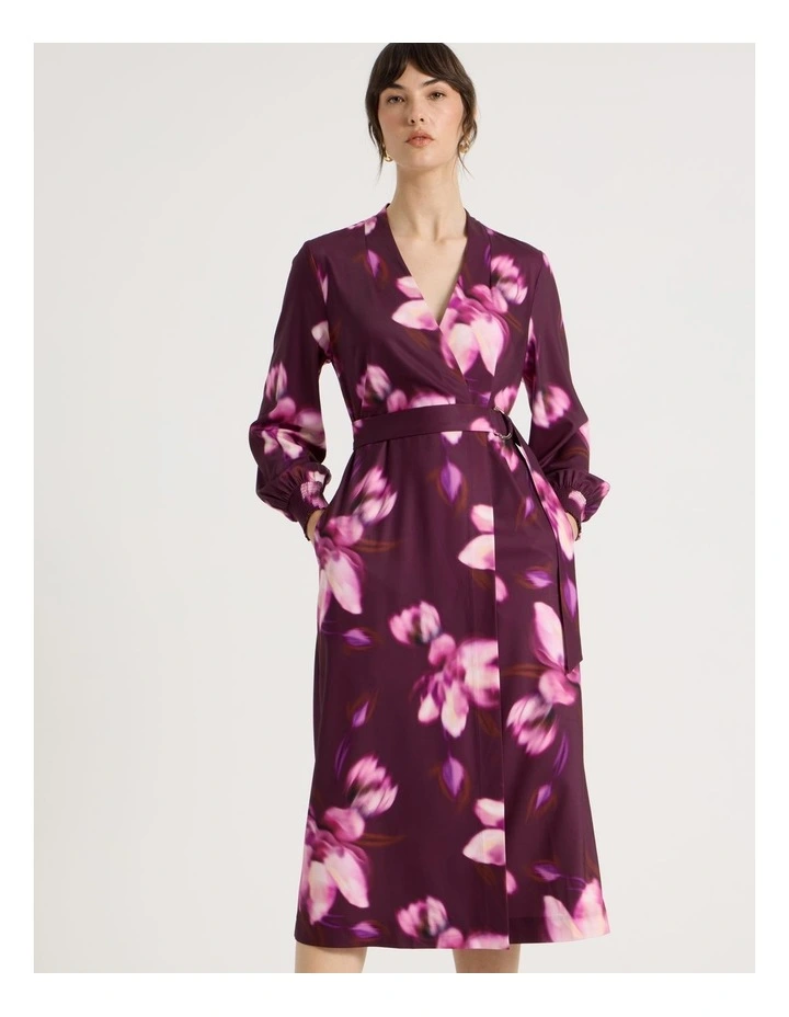 Long Sleeve Wrap Dry Poly Twill Dress in Pink Blurred Floral Print image 3