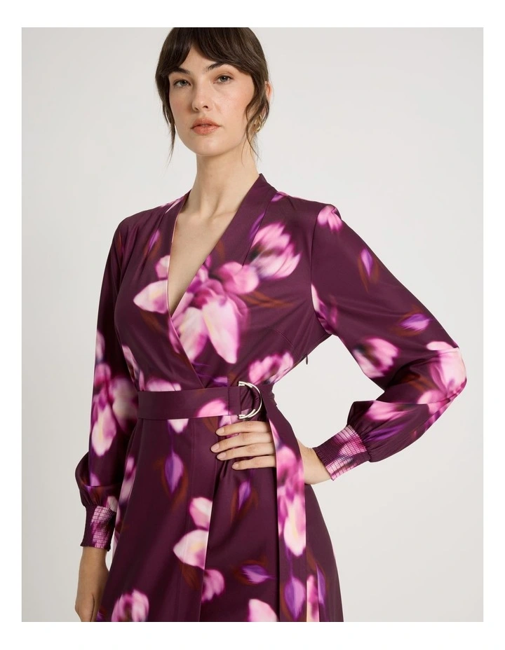 Long Sleeve Wrap Dry Poly Twill Dress in Pink Blurred Floral Print image 4