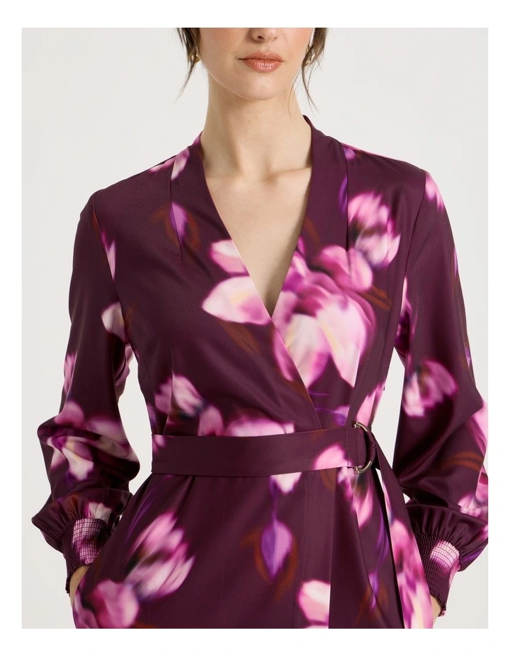 Long Sleeve Wrap Dry Poly Twill Dress in Pink Blurred Floral Print image 6