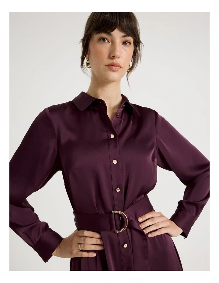 Long Sleeve Midi Shirt Dress in Aubergine image 2