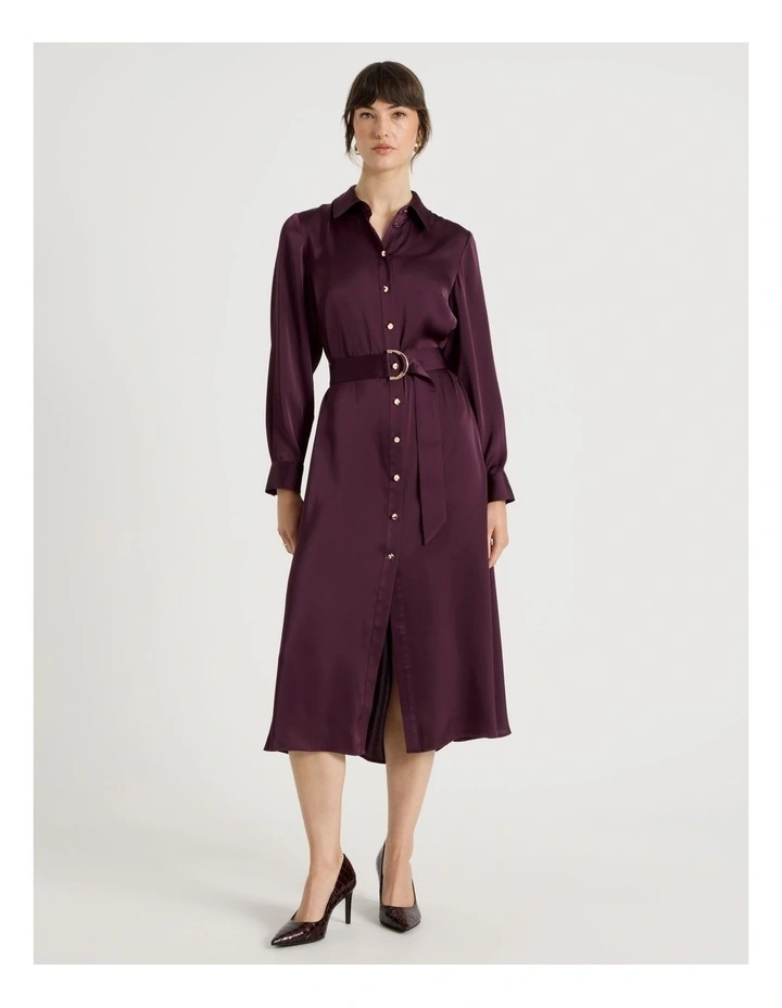 Long Sleeve Midi Shirt Dress in Aubergine image 3