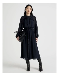 Long Sleeve Midi Georgette Dress with Belt in Navy
