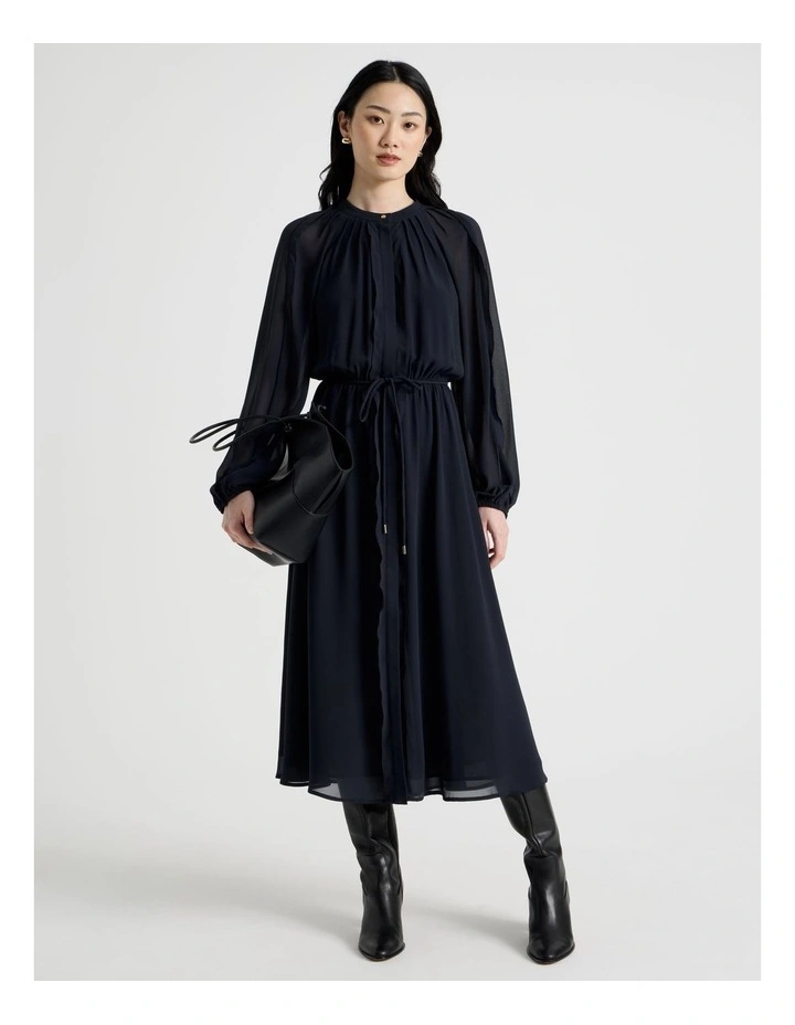 Long Sleeve Midi Georgette Dress with Belt in Navy image 1