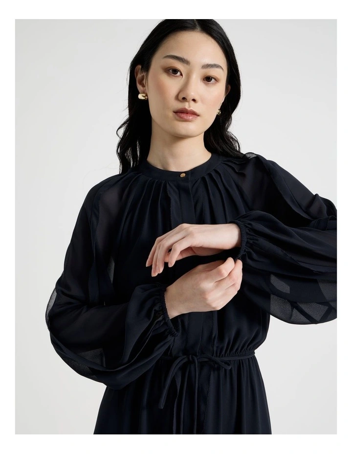 Long Sleeve Midi Georgette Dress with Belt in Navy image 2