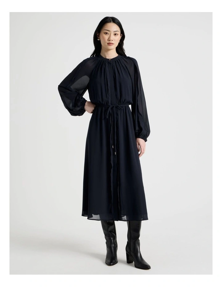 Long Sleeve Midi Georgette Dress with Belt in Navy image 3