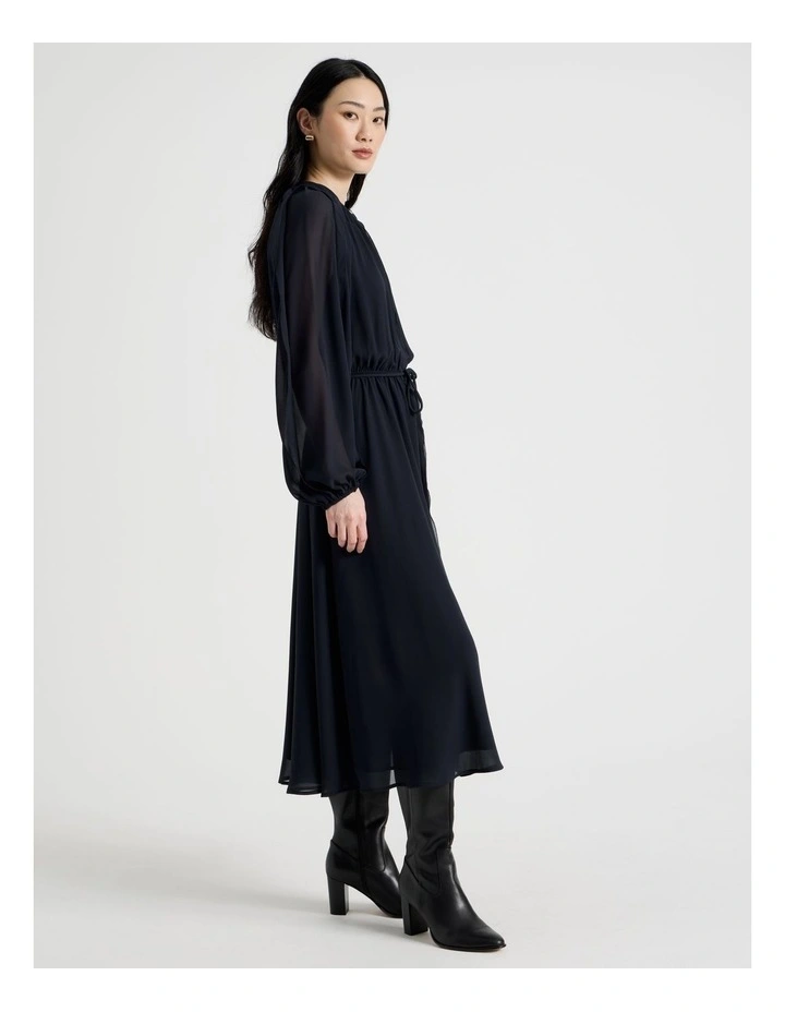 Long Sleeve Midi Georgette Dress with Belt in Navy image 4