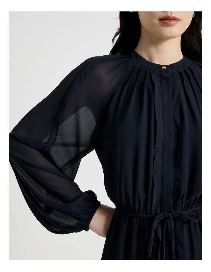 Long Sleeve Midi Georgette Dress with Belt in Navy image 5