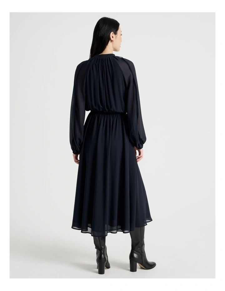 Long Sleeve Midi Georgette Dress with Belt in Navy image 6