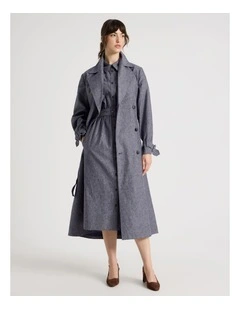 Extended Sleeve Linen Blend Cross Hatch Midi Dress in Denim