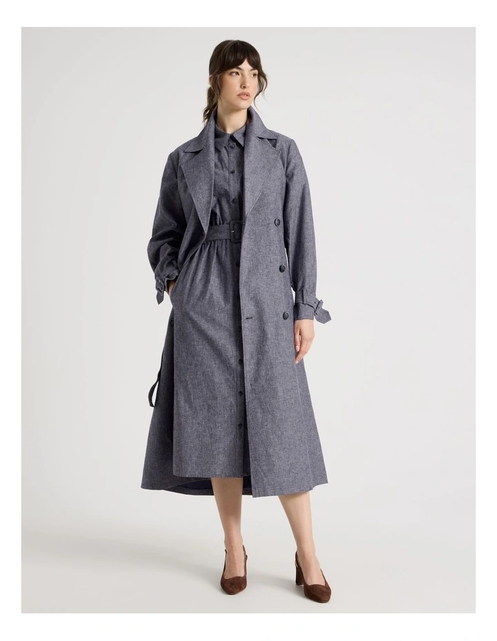 Extended Sleeve Linen Blend Cross Hatch Midi Dress in Denim image 1
