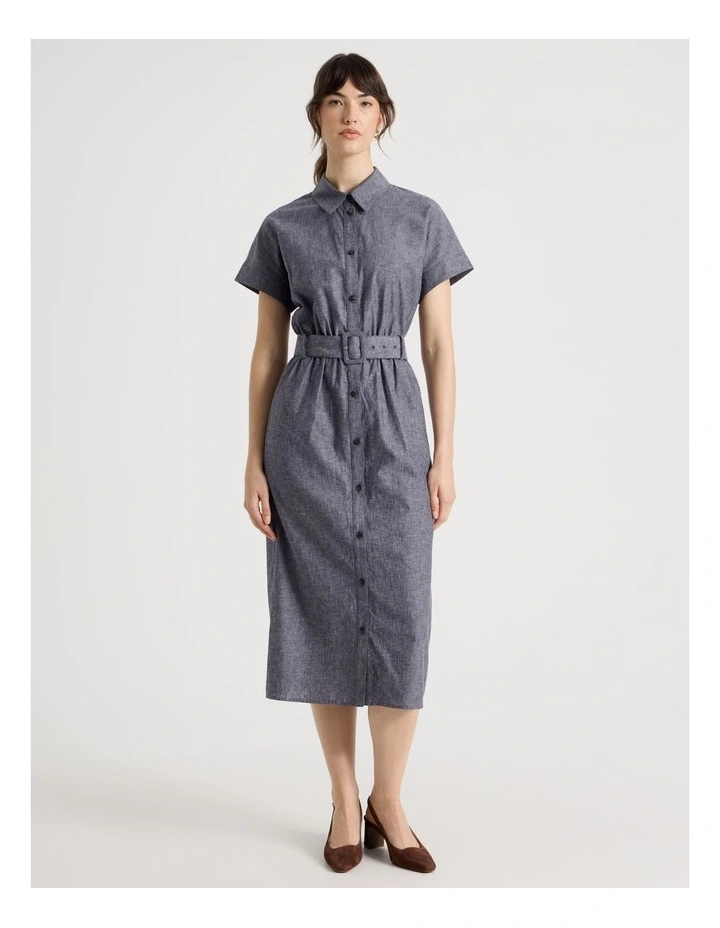 Extended Sleeve Linen Blend Cross Hatch Midi Dress in Denim image 2