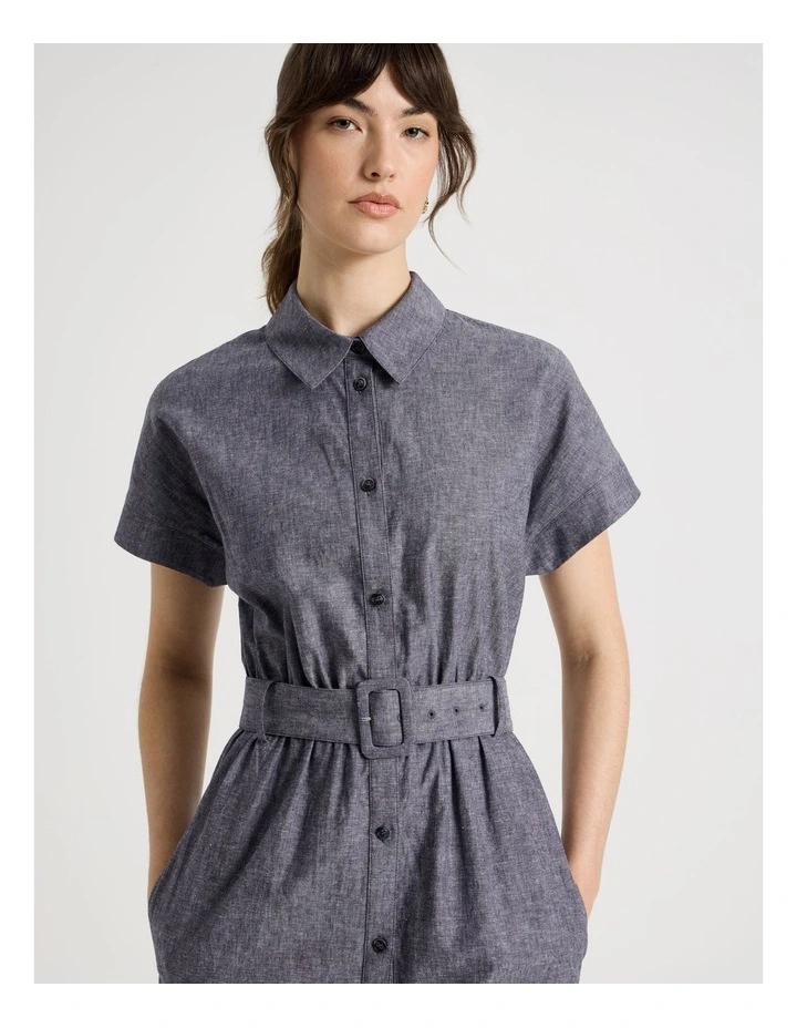 Extended Sleeve Linen Blend Cross Hatch Midi Dress in Denim image 3