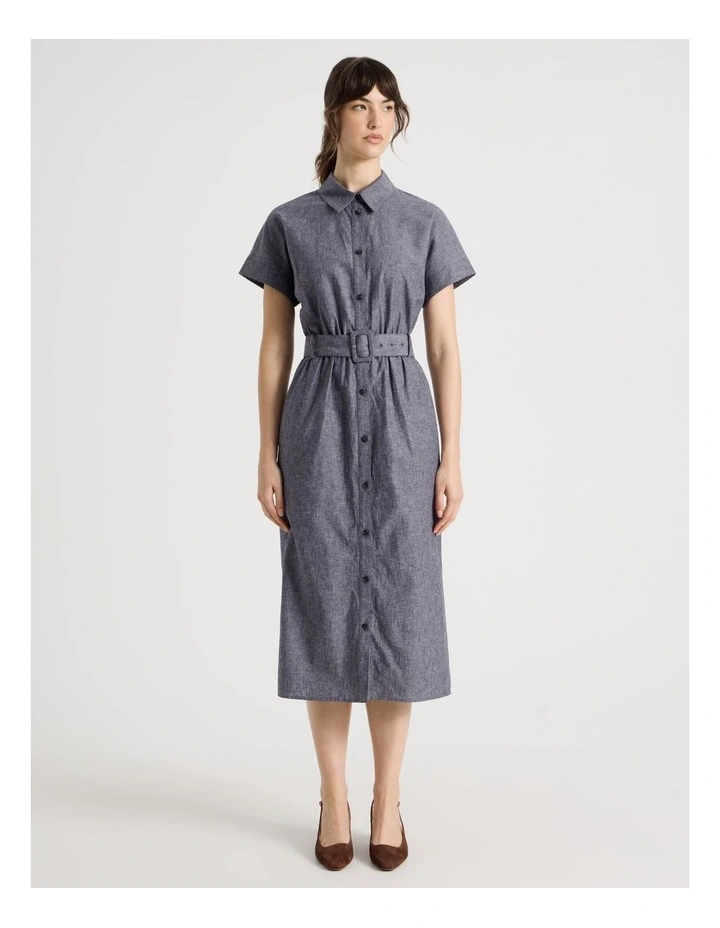 Extended Sleeve Linen Blend Cross Hatch Midi Dress in Denim image 5