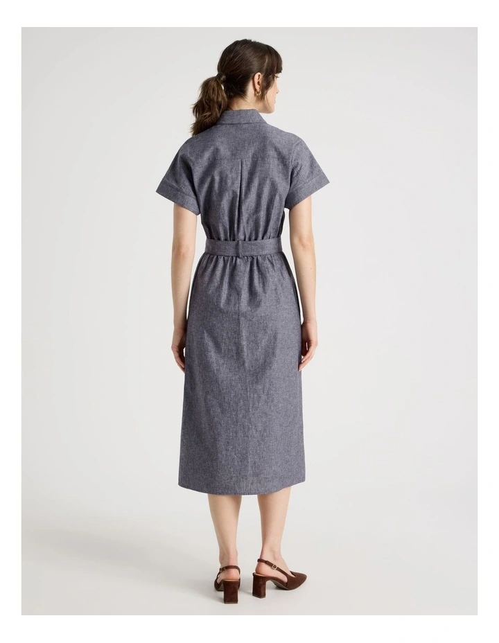 Extended Sleeve Linen Blend Cross Hatch Midi Dress in Denim image 6