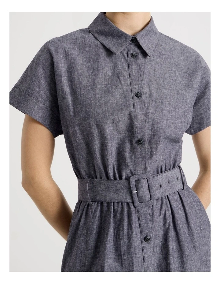 Extended Sleeve Linen Blend Cross Hatch Midi Dress in Denim image 7