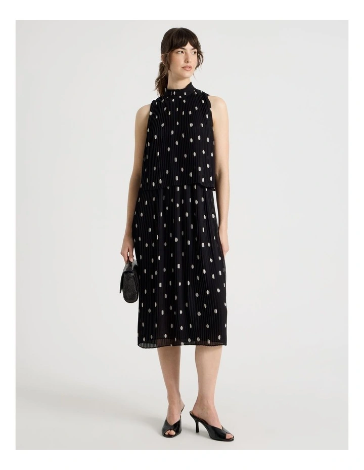 Sleeveless Pleat Midi Dress in Black and White Polka Dot image 3