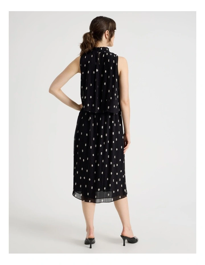 Sleeveless Pleat Midi Dress in Black and White Polka Dot image 5