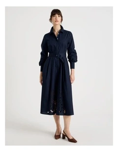 Long Sleeve Cotton Cutwork Shirt Midi Dress in Navy